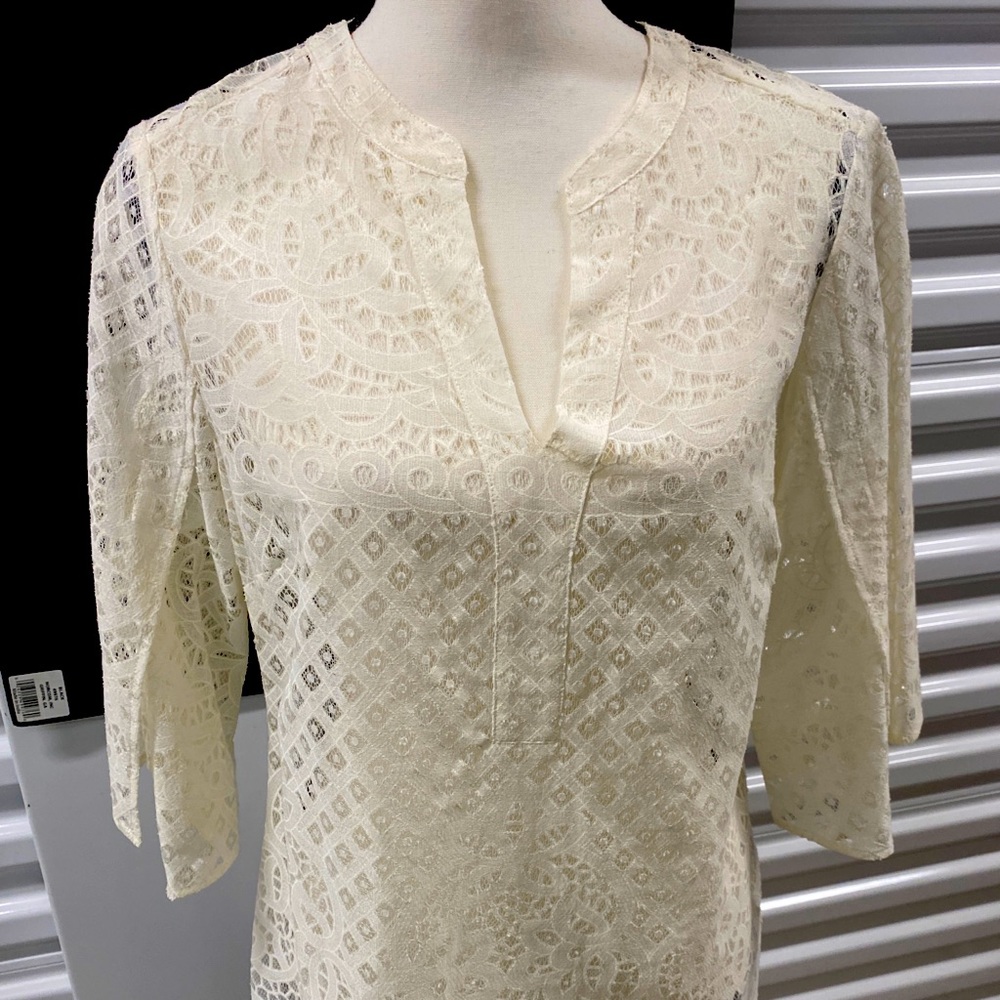 chico’s popover lace tunic Sz 0, white 3/4 flared